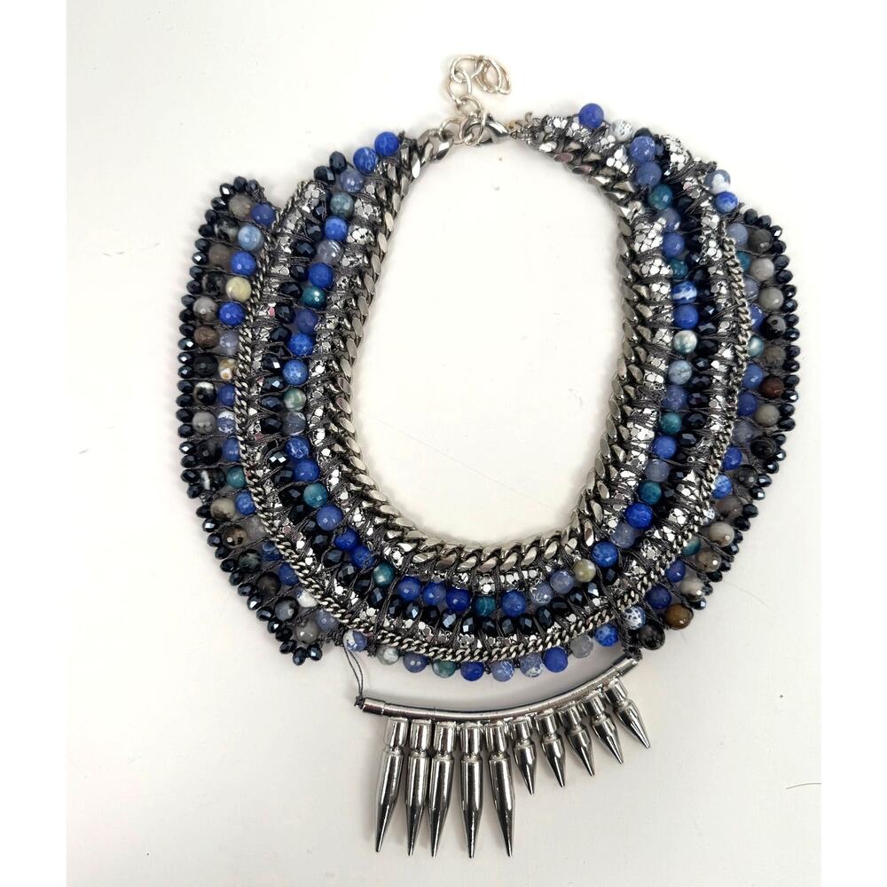 Blue Agate Beaded Chain Statement Collar Necklace Silver Spike Bib
